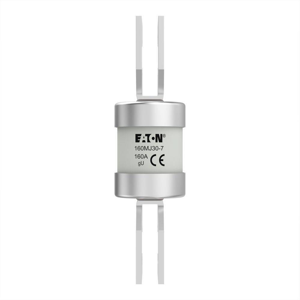 Eine weiße elektrische Sicherung mit der Bezeichnung 'Eaton', Modell '160M30-7', mit einer Nennstromstärke von '160A', mit CE-Kennzeichnung, mittig vertikal ausgerichtet mit metallischen Anschlüssen.