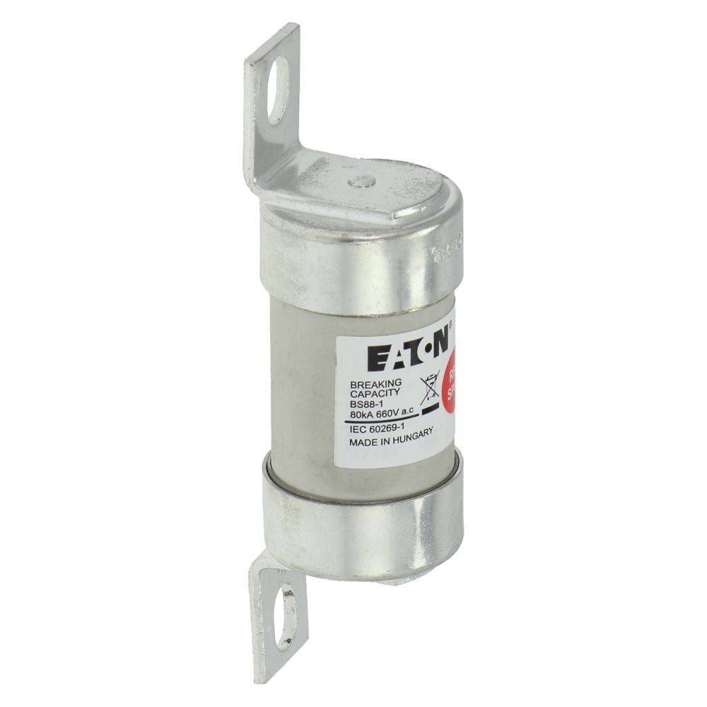 Eine zylindrische elektrische Sicherung mit Metallhalterungen und einem Etikett mit der Aufschrift 'EATON'. Ausgelegt für 80 kA, 690 V. Hergestellt in Ungarn. Verwendet für Stromkreisschutz.