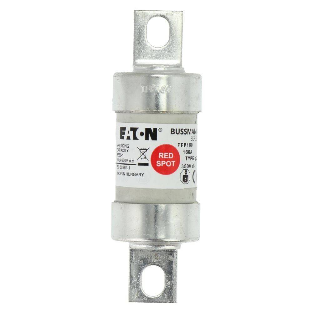 Sicherung mit der Bezeichnung 'Eaton Bussmann', 160A, 350V AC, mit oberen und unteren Metallanschlüssen und einem zentralen roten Punkt auf einem zylindrischen Gehäuse.