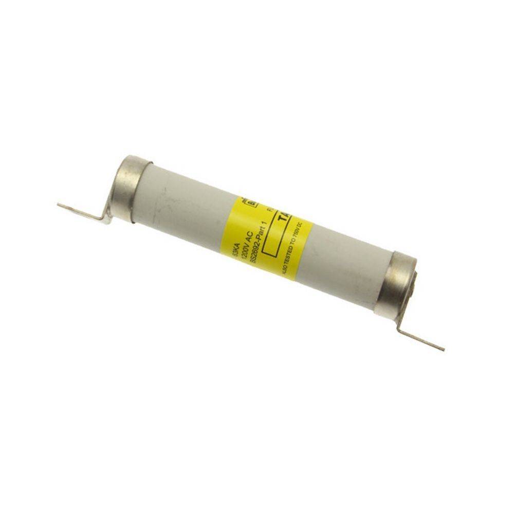 Eine Zylindersicherung mit Metallkappen an beiden Enden und einem gelben Etikett, das mit '400A 1000VAC' die elektrischen Spezifikationen anzeigt.