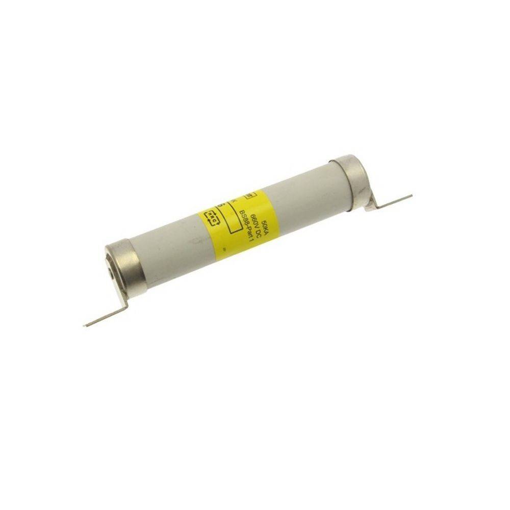 Eine zylindrische elektrische Sicherung mit Metallendkappen und einem gelben Etikett, das Spezifikationen anzeigt.