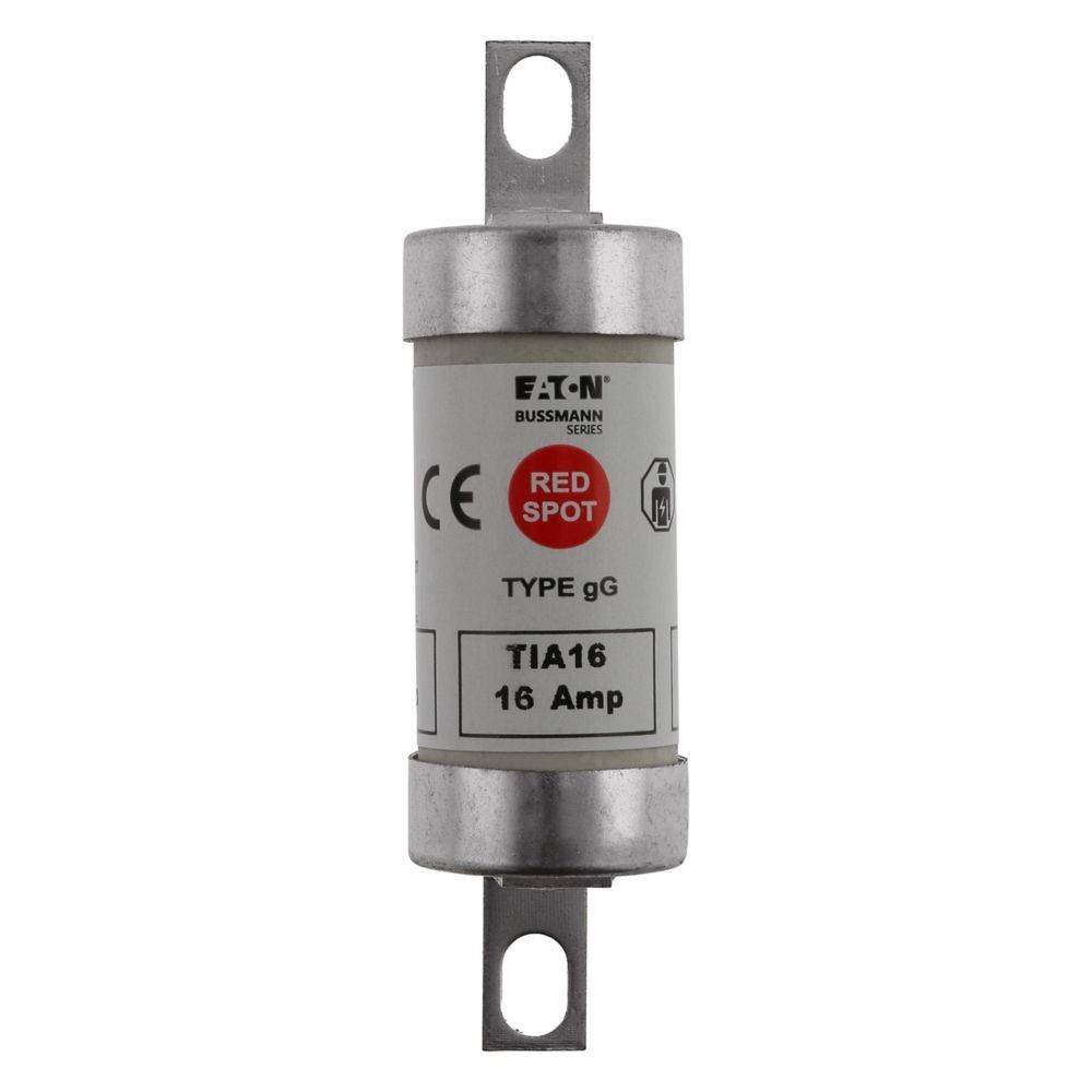 Eaton Bussmann 16 Ampere Sicherung, Typ gG. CE-gekennzeichnet, Modell TIA16. Rote Spotbezeichnung.