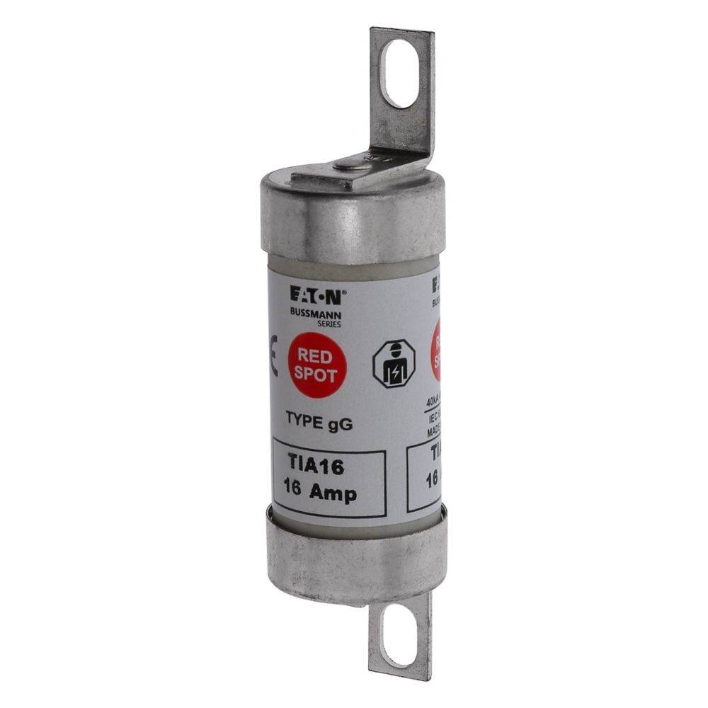 Eine zylindrische elektrische Sicherung mit der Bezeichnung 'TIA16 16 Amp', ausgestattet mit Metallkappen und Endbefestigungen zur Montage.