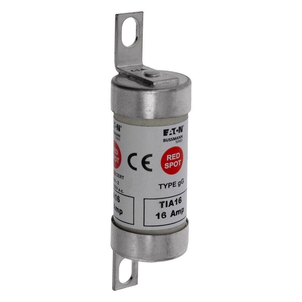 Eine Zylindersicherung mit der Beschriftung 'Eaton Bussmann, Typ gG, Red Spot, TIA16, 16 Ampere' mit Metallverbindern an beiden Enden.