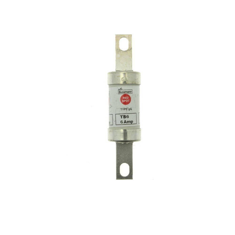 Ein Bussmann 6-Ampere-Sicherung mit silbernen Metallenden und weißem Etikett, das mit 'Type GG TB6 6 Amp' gekennzeichnet ist.