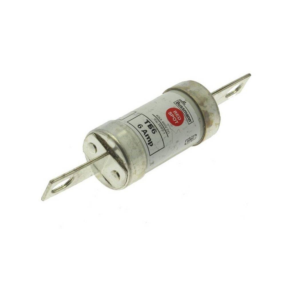 Eine zylindrische Keramik-Sicherung mit der Markierung '6 Amp 250V', mit Metallkappen und Stiften an beiden Enden für elektrische Anschlüsse.