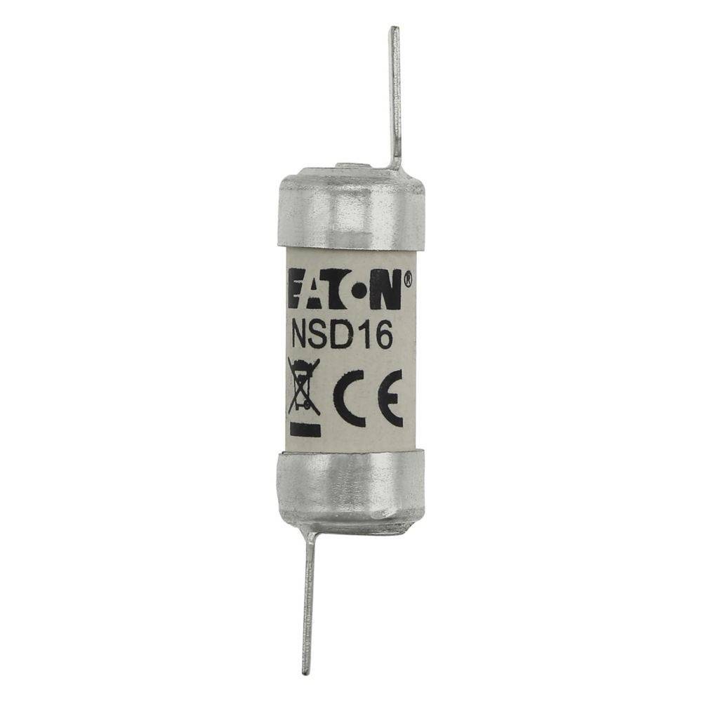 Eine zylindrische elektrische Sicherung mit der Aufschrift 'EATON NSD16' und CE-Kennzeichnung, ausgestattet mit Metallendkappen und zwei Anschlussleitungen.