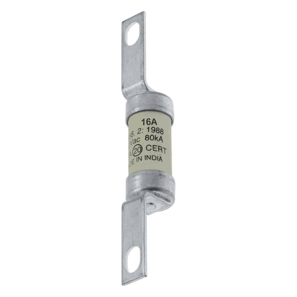 Eine zylindrische elektrische Sicherung mit der Beschriftung ‚16A, 80kA, 415V AC, CERT, Made in India' mit Metallklemmen an beiden Enden, verwendet zum Schutz von elektrischen Stromkreisen.