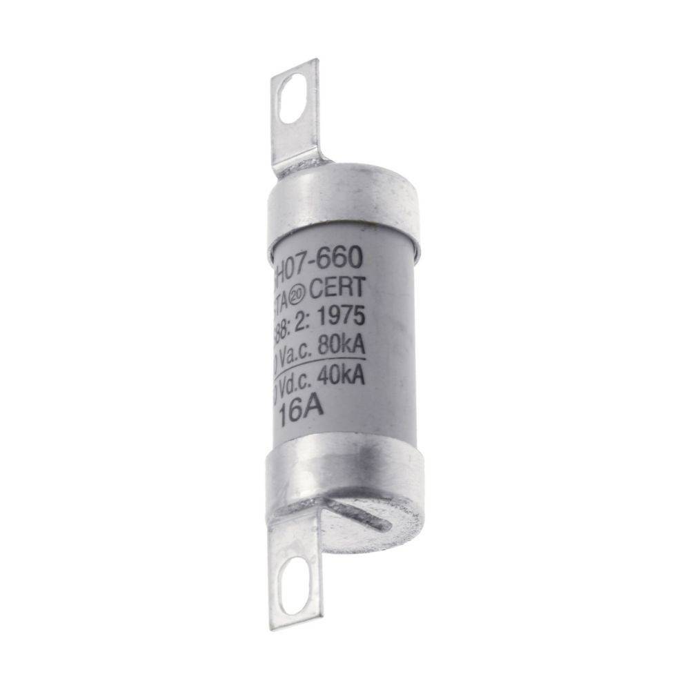 Eine zylindrische Keramik-Sicherung mit Metalleinsätzen, gekennzeichnet mit '80kA, 16A, 107-660', die hauptsächlich zum Schutz elektrischer Stromkreise verwendet wird.