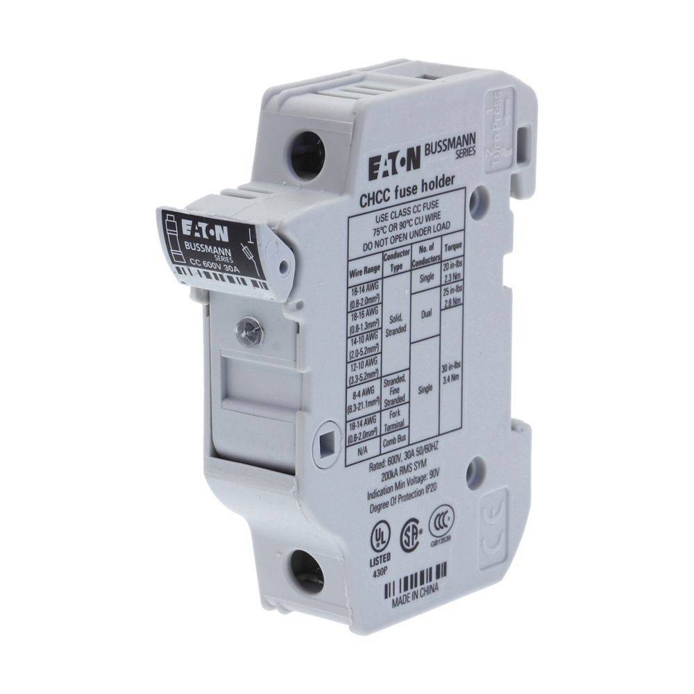 EATON BUSSMANN CHCC Sicherungshalter mit Spezifikationsetikett, einschließlich Modell, Nennwert und Zertifizierungszeichen.