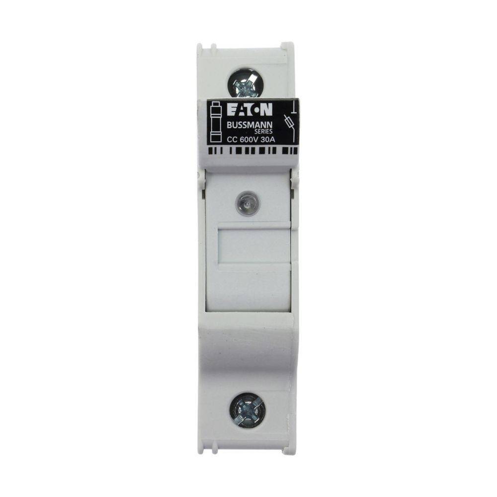 Eaton Bussmann CC 600V 30A Sicherungshalter von vorne betrachtet, mit Schraubanschlüssen oben und unten für elektrische Montage.