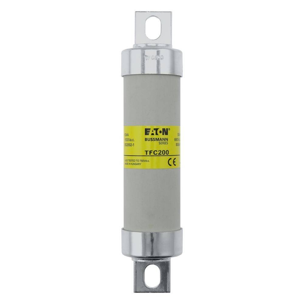 Eine zylindrische Eaton Bussmann Sicherung, Modell 'TFC200', mit Metallkontakten an beiden Enden und einem gelben Etikett am Gehäuse.