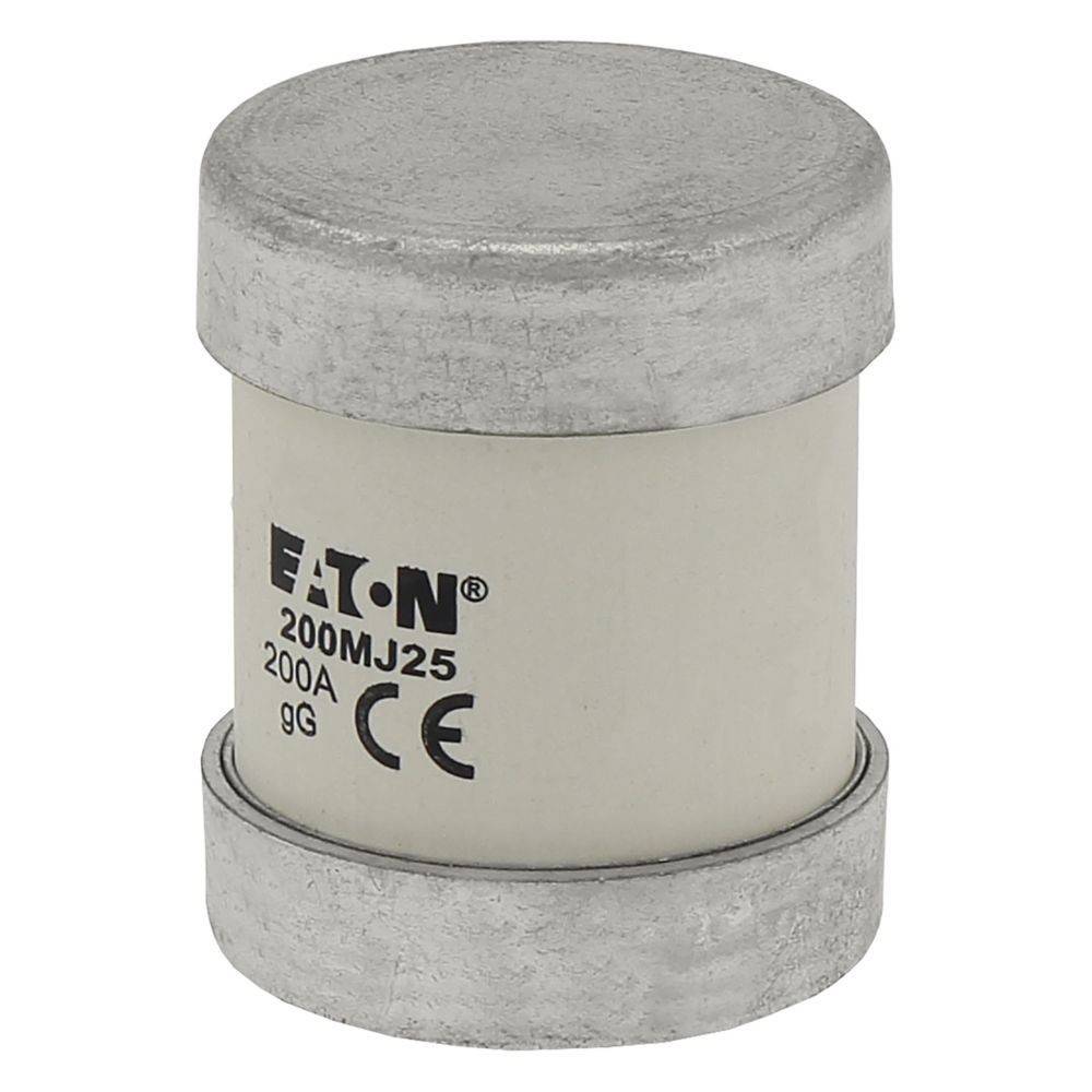 Eine zylindrische elektrische Sicherung mit Metallkappen, gekennzeichnet mit 'EATON 200MJ25 200A 9G CE', die zum Schutz von elektrischen Stromkreisen entwickelt wurde.