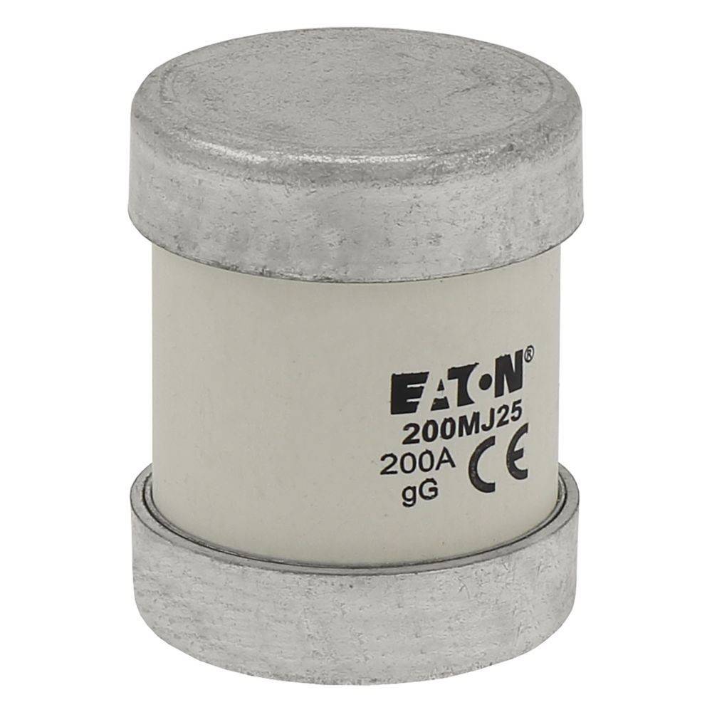 Eine Zylindersicherung von Eaton mit 200A und Metallenden, gekennzeichnet mit 'Eaton 200MJ25 200A gG CE'.