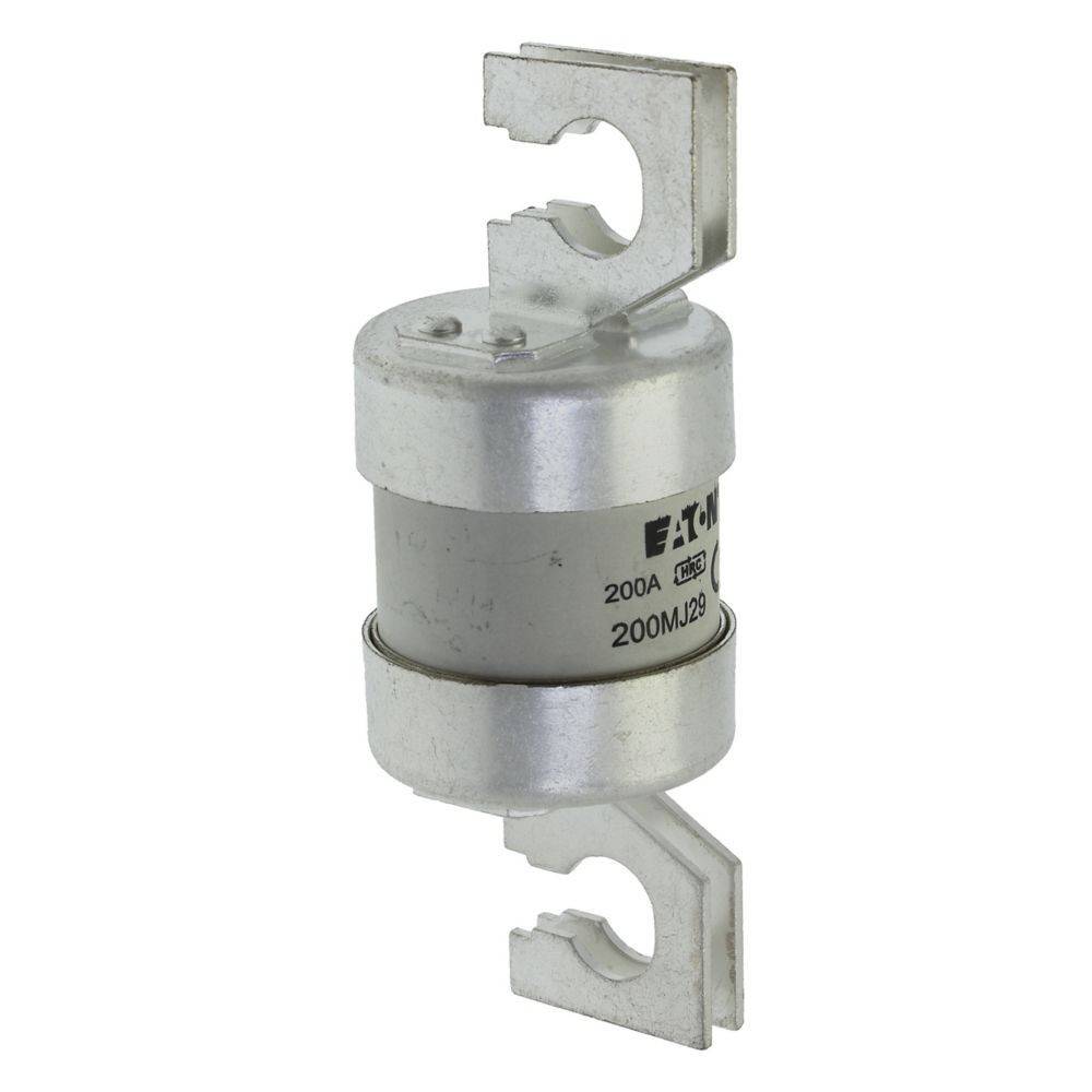 Eine silberne zylindrische Sicherung, beschriftet mit 'Eaton, 200A, 690V, 200M', mit Metallverbindern an beiden Enden, verwendet in elektrischen Systemen zum Schutz.