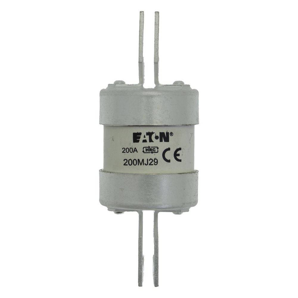 Eine zylindrische elektrische Sicherung mit vier Metallbolzen, beschriftet mit 'Eaton' und '200A 200MJ29 CE'. Wird in elektrischen Schaltkreisen zur Sicherheit eingesetzt.