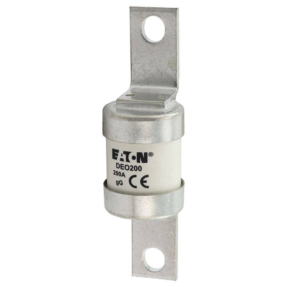 Ein weißer EATON DEO200 Sicherungsautomat, ausgelegt für 200A mit metallischen Kontakten. CE- und 9G-Markierungen sind am Gehäuse sichtbar.
