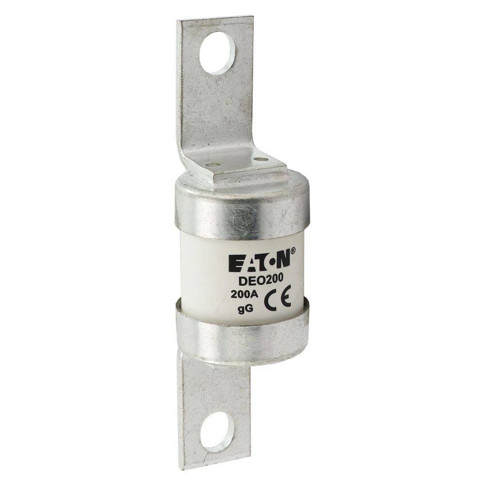 Eine zylindrische Eaton DEO200 Sicherung mit Metallhalterungen und der Beschriftung '200A gG CE', die zum Schutz elektrischer Stromkreise verwendet wird.