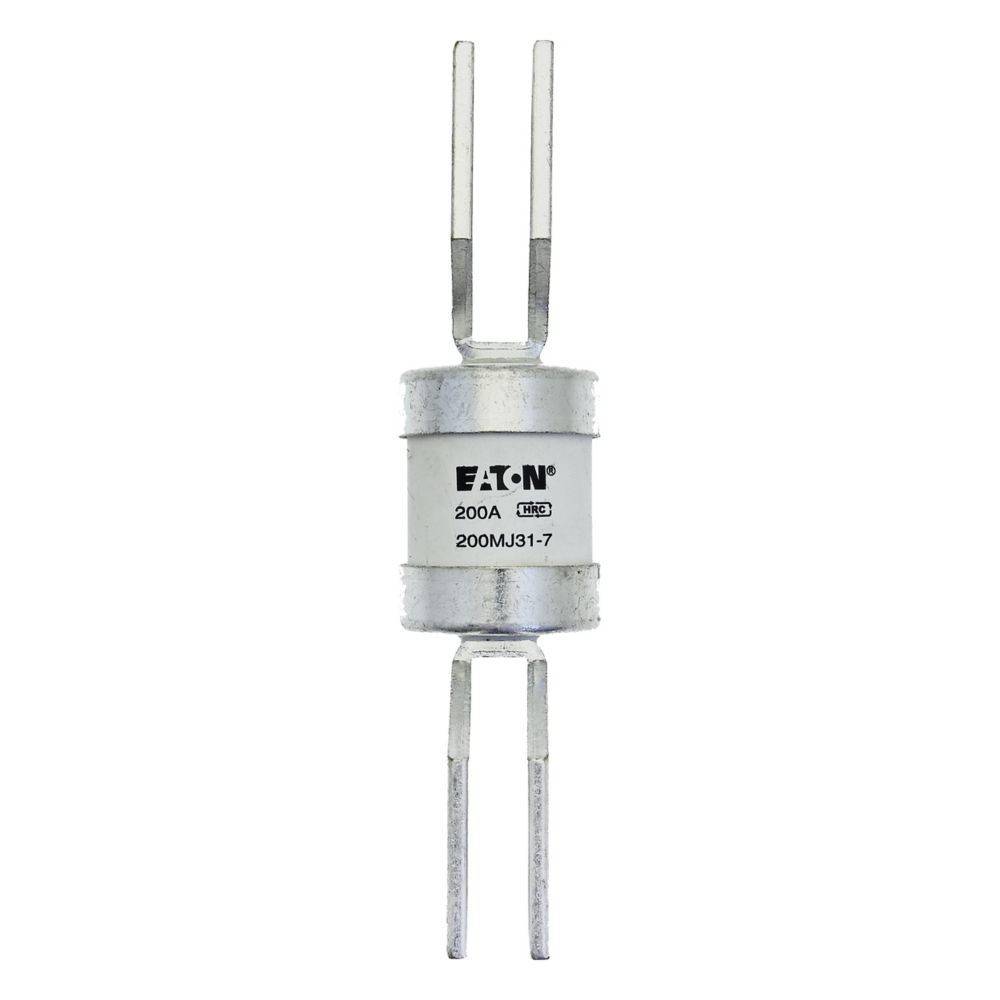 Eine zylindrische elektrische Komponente mit vier Metallstiften, gekennzeichnet mit 'Eaton 200A 200MJ31-7', die für Hochstrom-Anwendungen verwendet wird.