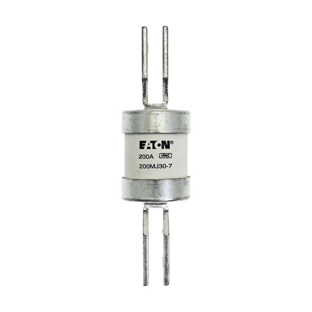 Eine Zylindersicherung mit der Aufschrift 'EATON', '200A' und '200MJ30-7', die an beiden Enden Metallstifte aufweist und in elektrischen Schaltkreisen verwendet wird.