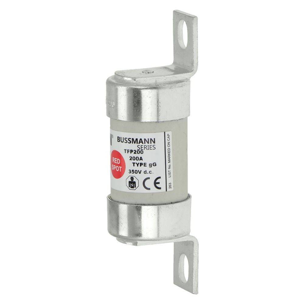 Eine zylindrische elektrische Sicherung, gekennzeichnet mit 'Bussmann Series' mit folgenden Spezifikationen: 200A, 350V DC, Typ gG, Rot-Punkt-Anzeiger, Metallklemmen.