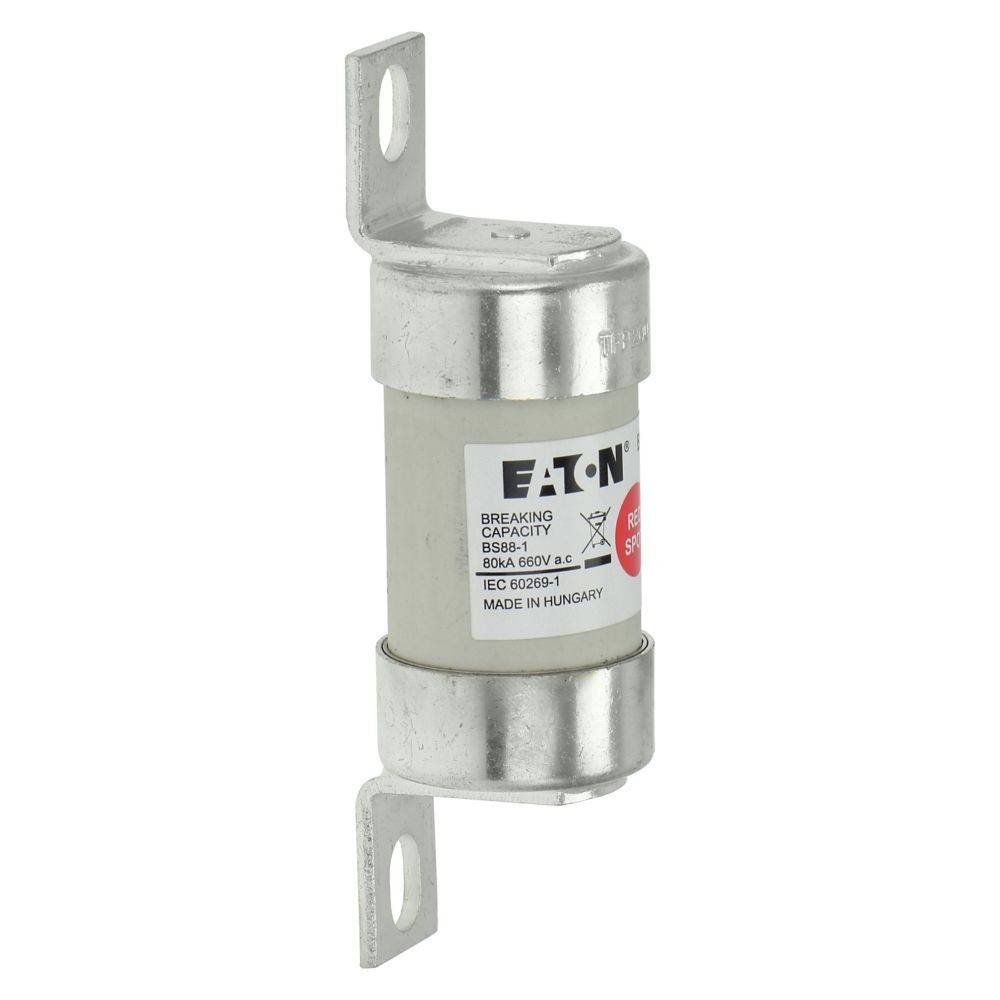 Eine zylindrische Eaton-Sicherung mit Metallkontakten an beiden Enden, beschriftet mit '10.3x38' und '690V', die zum Schutz elektrischer Stromkreise verwendet wird.