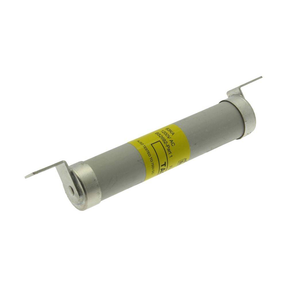 Eine zylindrische elektrische Sicherung mit Metallendkappen und einem gelben Etikett in der Mitte, verwendet zur Stromkreisabsicherung.