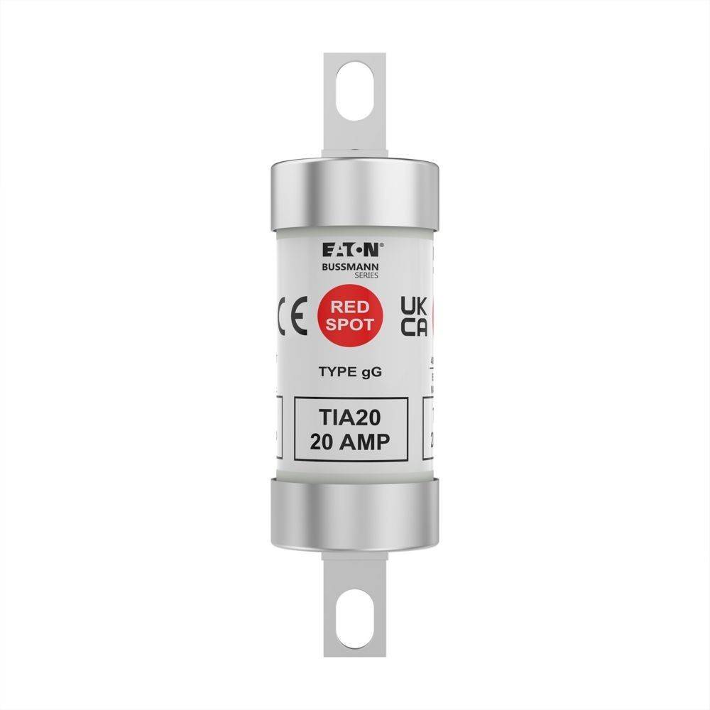 Eine weiße zylindrische Sicherung mit der Aufschrift 'RED SPOT' und einer Kapazität von 20 Ampere, die CE- und UKCA-Kennzeichnungen sowie das Modell TIA20 trägt.