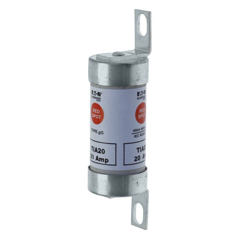 Sicherung der Marke 'Eaton', mit der Bezeichnung 'TYPE GG', '20 Ampere', mit 'ROTER PUNKT' Indikator, Metallendkappen und Befestigungsklammern.