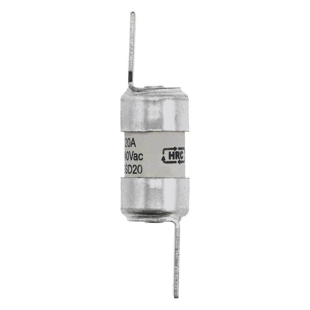 Eine zylindrische elektronische Komponente mit zwei metallischen Anschlüssen an den Enden, beschriftet mit '20A 500Vac HRC SD20'.