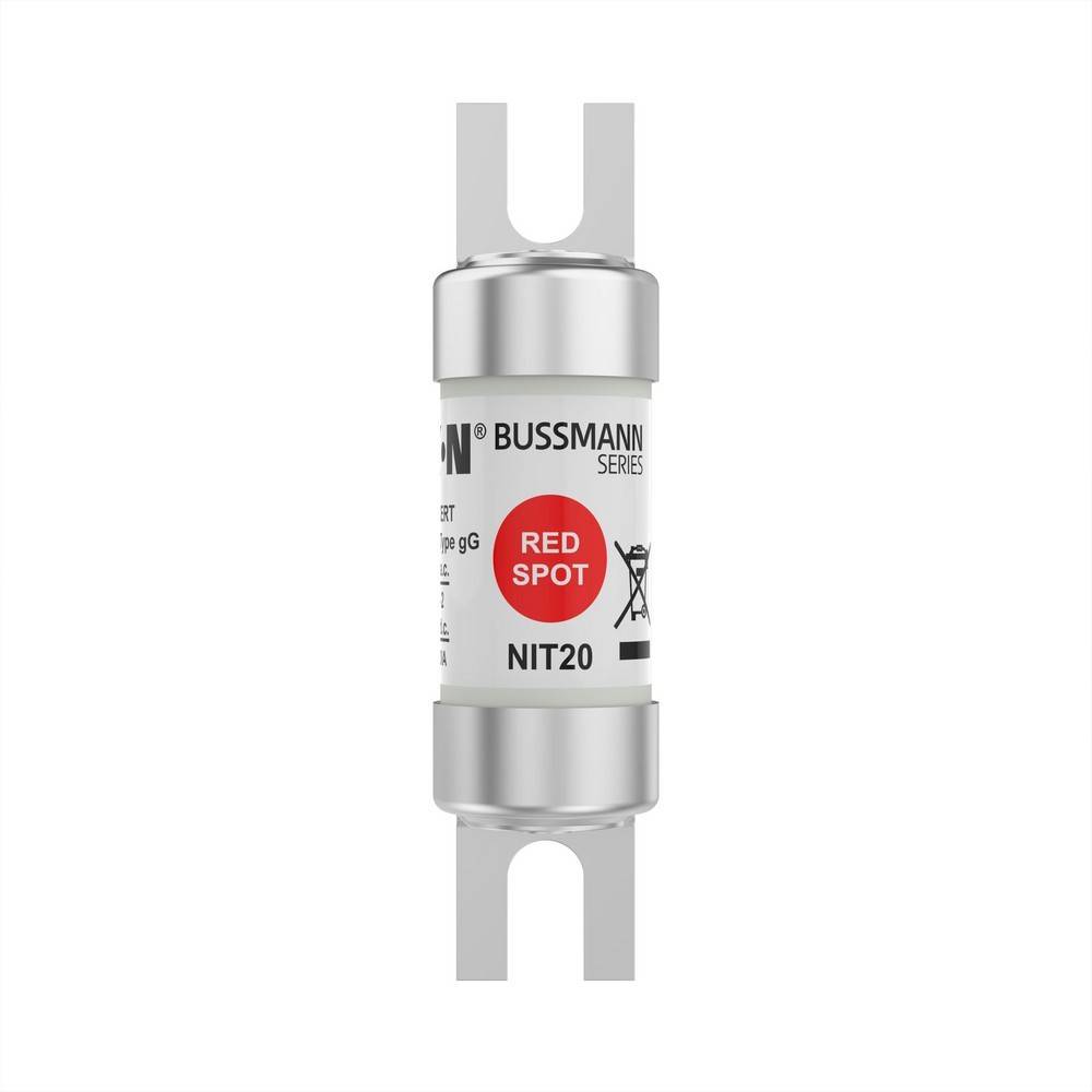 Bussmann Red Spot NIT20 Zylindersicherung mit Metallkappen auf weißem Hintergrund.