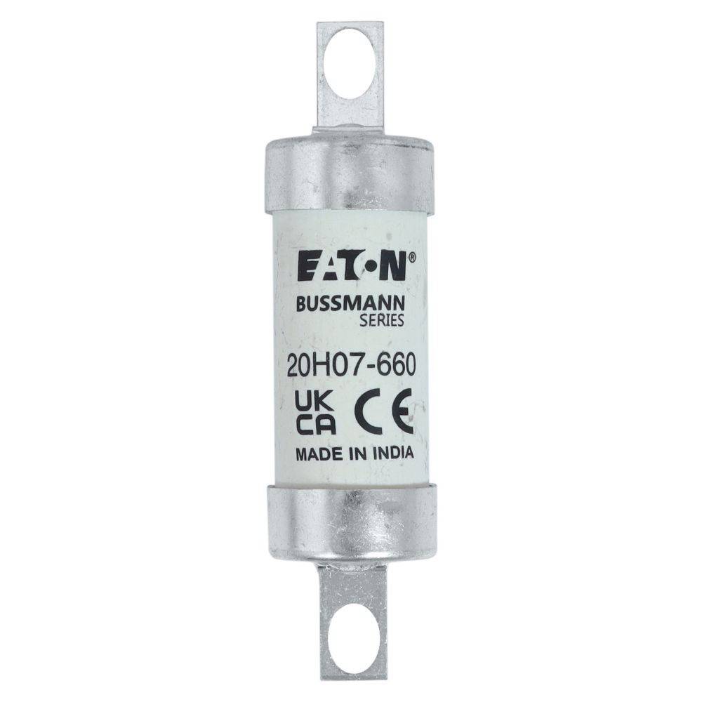 Eine zylindrische Sicherung der Eaton Bussmann-Reihe mit der Bezeichnung '20H07-660', 'UK CA', 'Made in India', verwendet für den elektrischen Leitungsschutz.