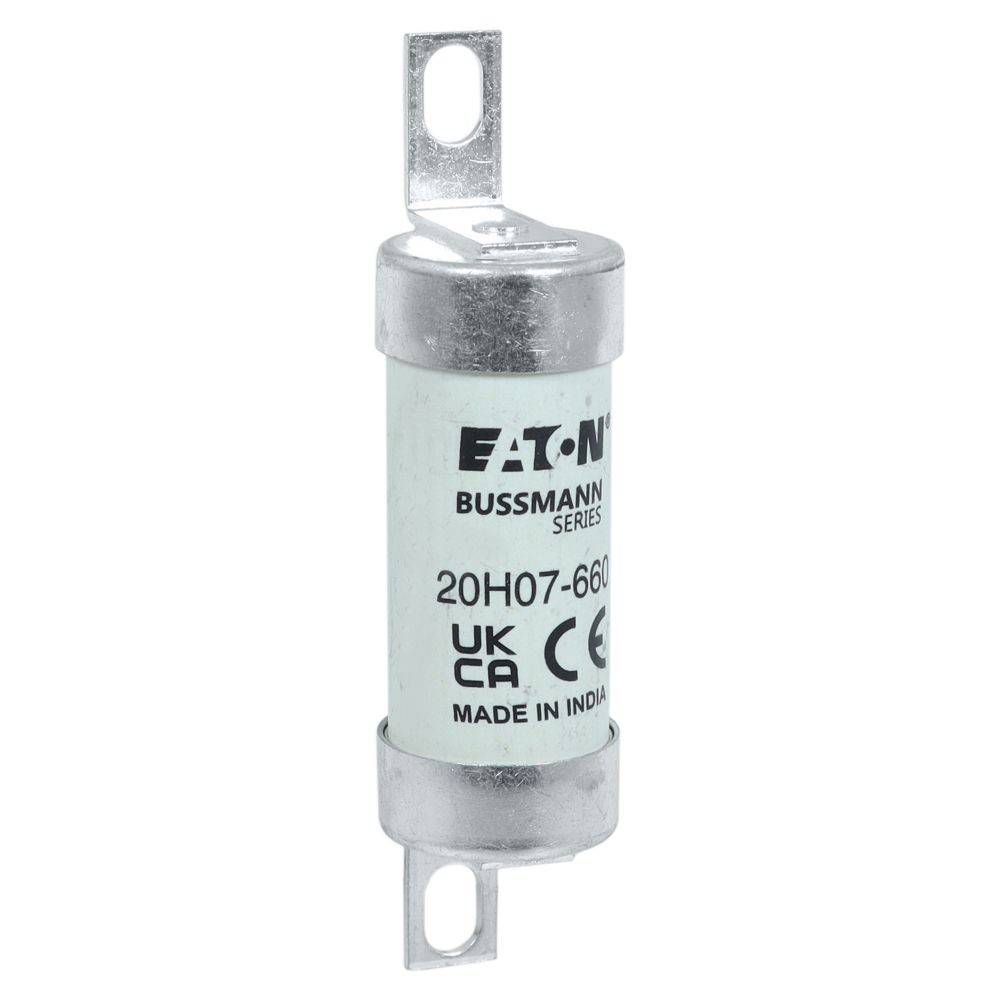 Bussmann-Sicherung, Modell 20H07-660, bewertet mit 660 Volt, hergestellt von Eaton, in Indien produziert, mit UK- und CE-Kennzeichnungen.