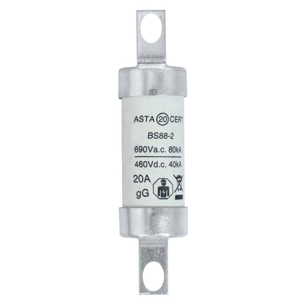 Eine weiße zylindrische elektrische Sicherung mit der Bezeichnung 'BS88-2', ausgelegt für 690V Wechselstrom, 80kA, 460V Gleichstrom, 40kA, mit Metallendstuecken und Befestigungslöchern.