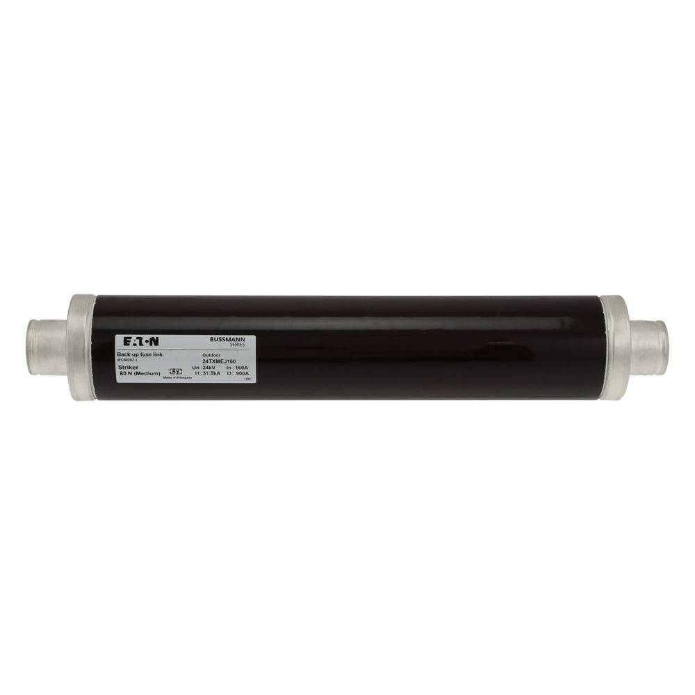 Ein schwarzer Eaton Bussmann-Reihen-Sicherungshalter für Inline-Patronensicherungen für Hochspannungsanwendungen, mit einer zylindrischen Form und Silberverbindungen.