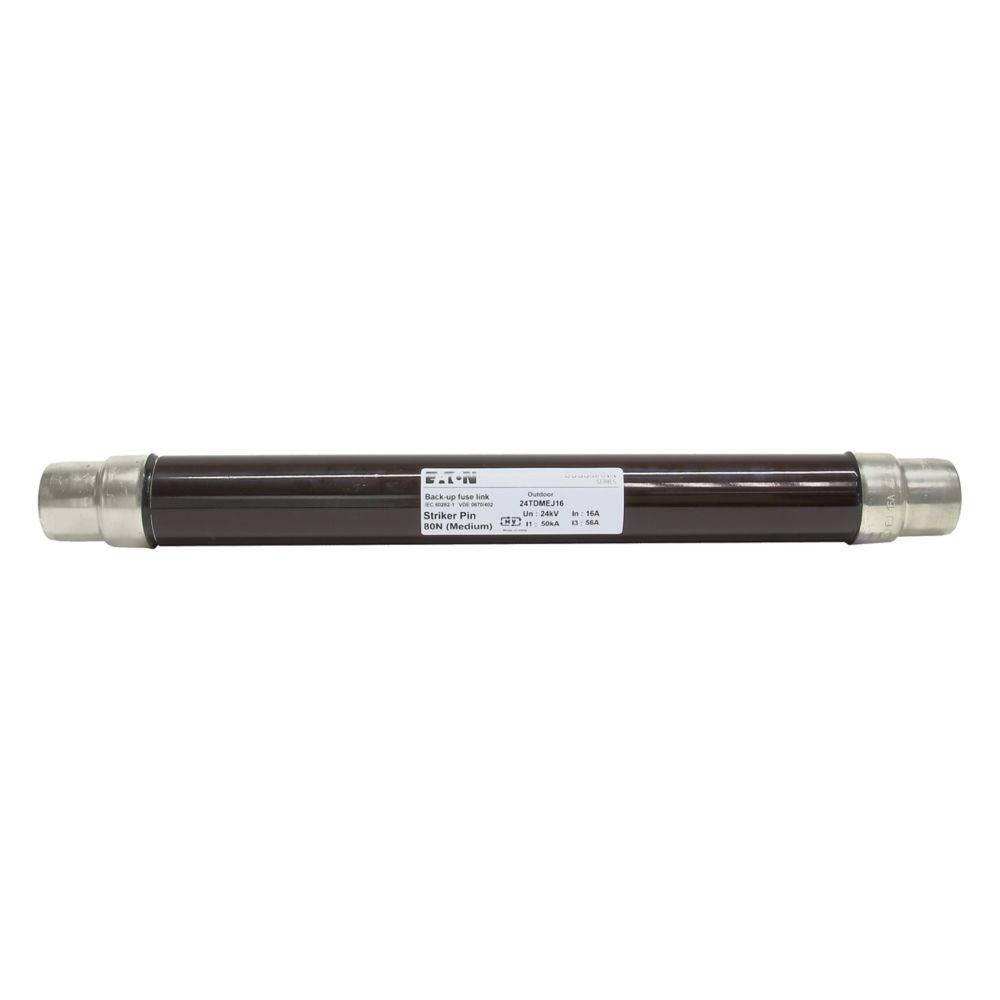Eine zylindrische elektrische Komponente mit der Bezeichnung 'Eaton Bussmann Serie, 27F200PK, 200kA, 17,5kV'. Verwendet für Hochspannungs-Elektrosysteme.