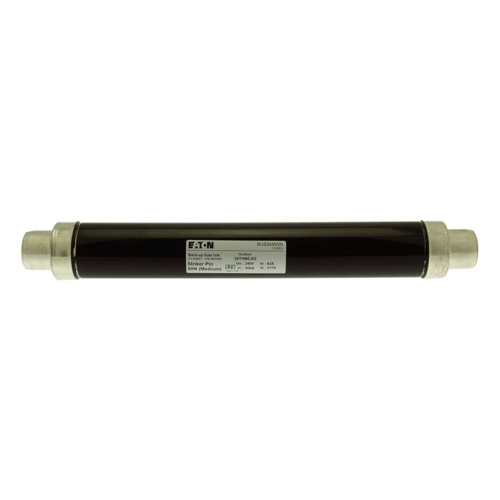 Eine zylindrische schwarze Sicherung mit Metallenden, beschriftet mit 'E-Z-T' und '600V RMS'. Enthält Spezifikationen für Spannung und Herstellerangaben.