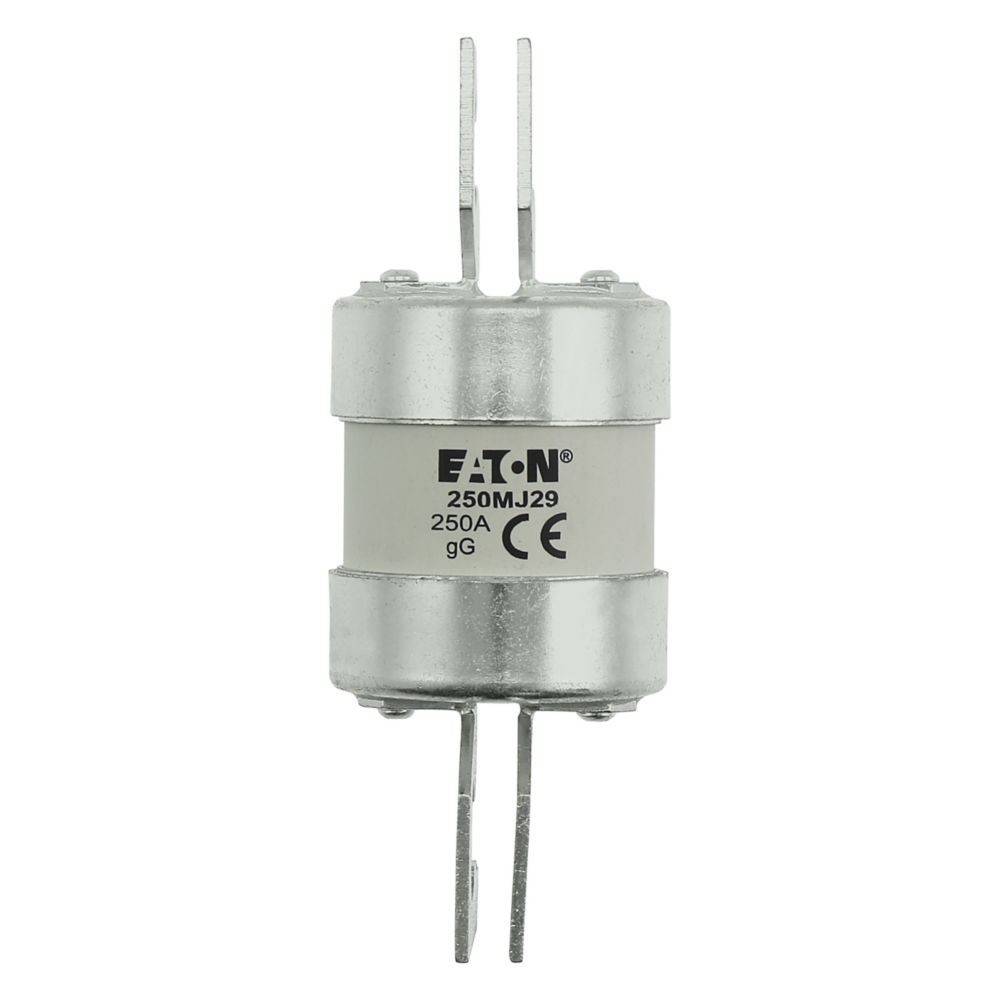 Eine zylindrische silberne elektrische Sicherung mit der Beschriftung 'Eaton 250MJ29' und '250A 9G' mit zwei Paaren hervorstehender Metallverbinder.