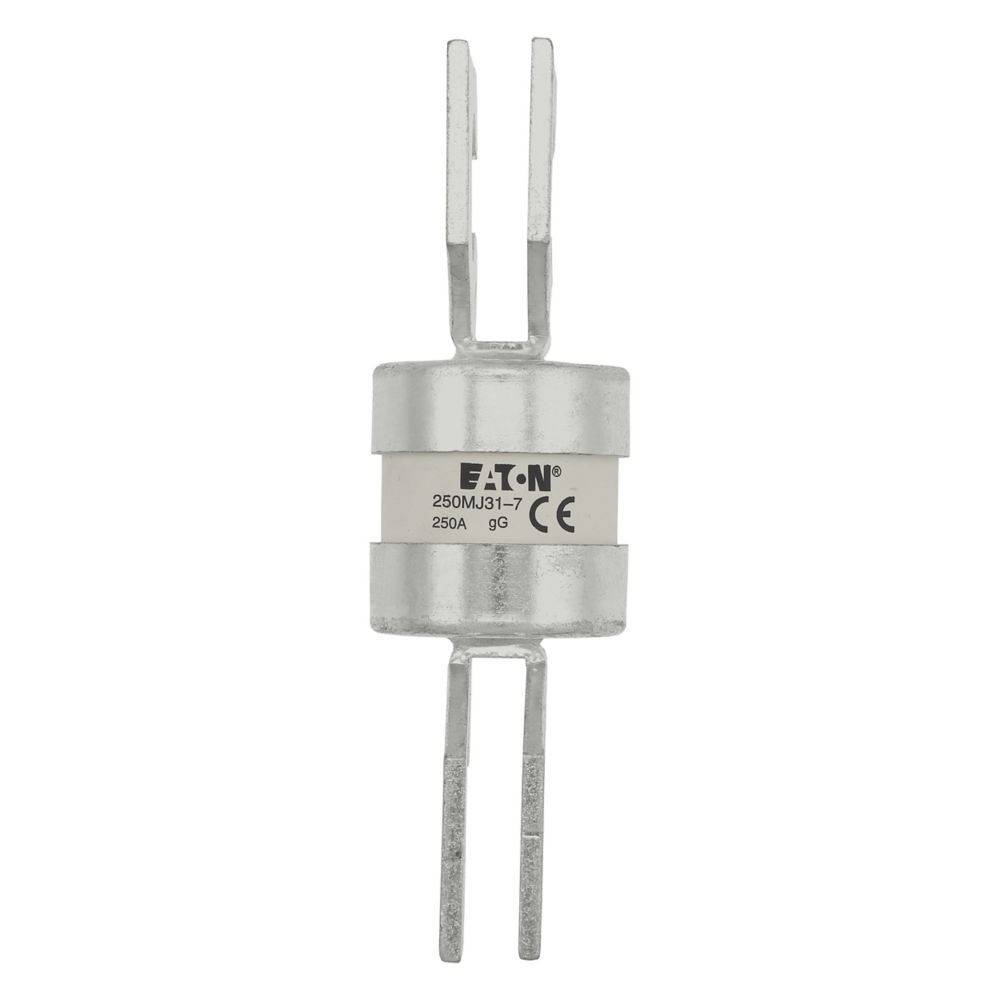 Eine zylindrische elektrische Sicherung mit 'EATON' Etikett und Spezifikationen '250MA31-7, 250A, 690V'. Metallstifte ragen von beiden Enden ab.