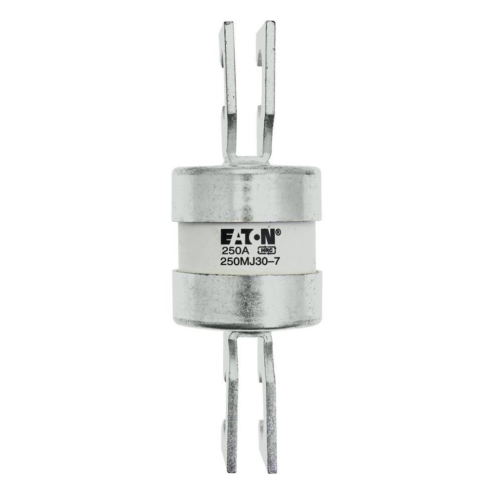 Eine zylindrische Eaton 250A-Sicherung, Modell 250MJ30-7, mit Metallkontakten an beiden Enden, verwendet für den elektrischen Leitungsschutz.