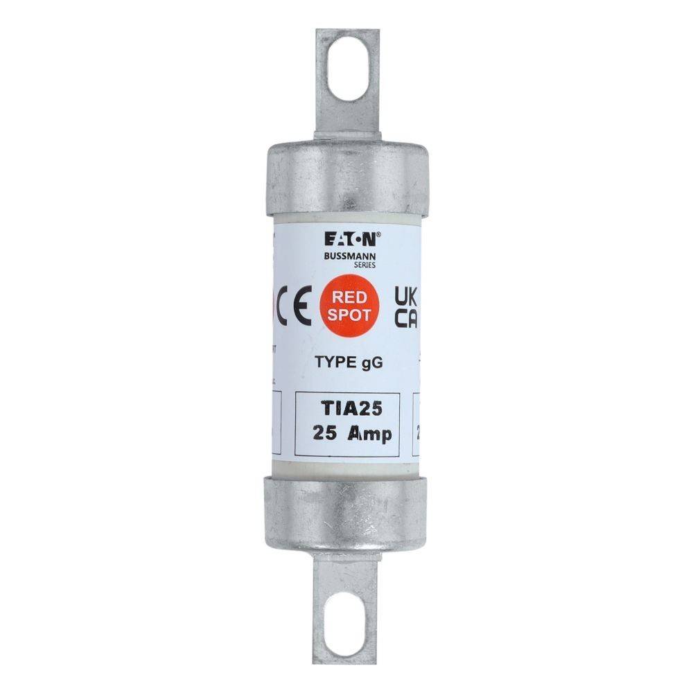 Eine Zylindersicherung mit der Beschriftung 'Eaton Bussmann Series', 'Typ gG 25 Ampere' und 'CE'. Sie verfügt über metallische Endkappen für den elektrischen Anschluss.