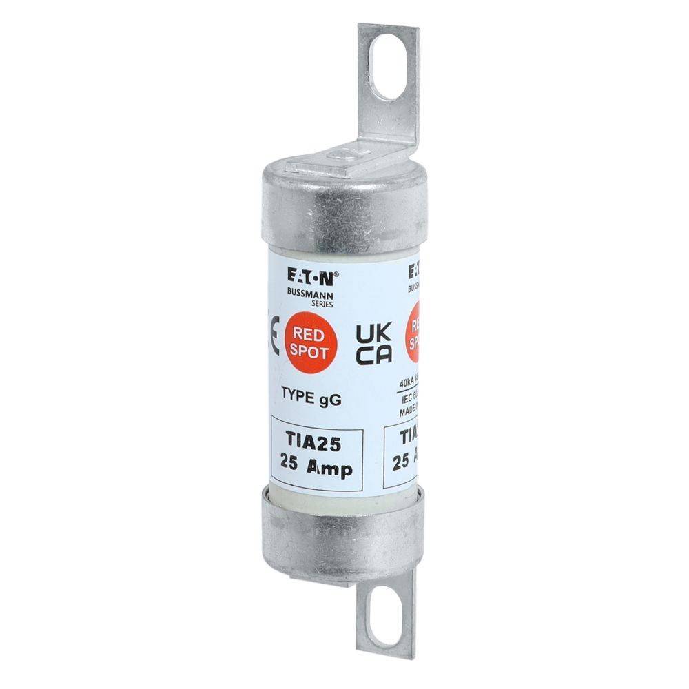 Eine Zylindersicherung mit der Aufschrift 'Eaton Bussmann', 'Typ gG', 'TIA25 25 Ampere', gekennzeichnet mit 'Rotem Punkt' und 'UKCA' Konformitätszeichen.