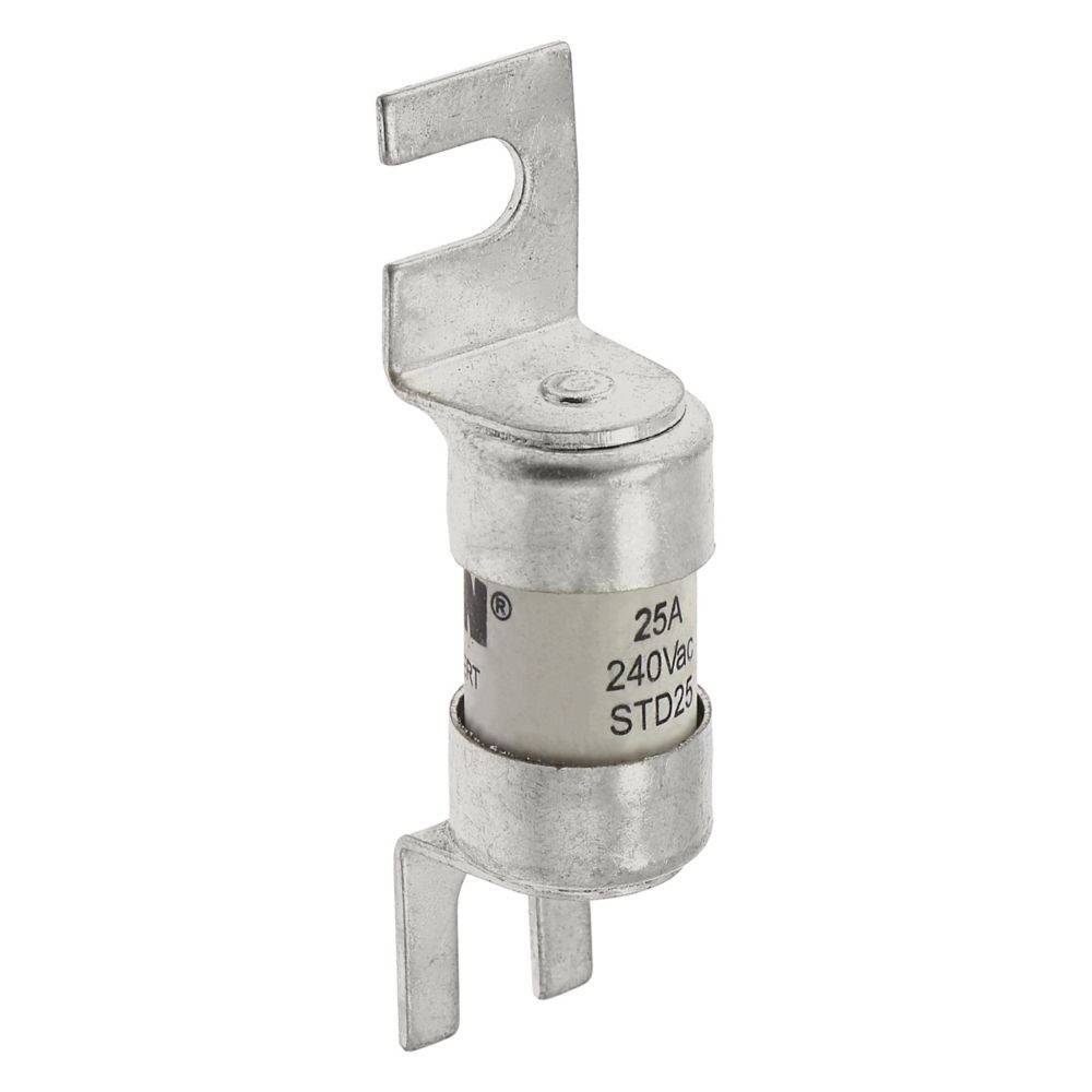 Ein zylindrischer 25A-Sicherung für 240 Volt, Modell STD25, mit Metallverbindern an beiden Enden, ausgelegt für elektrische Sicherheit.