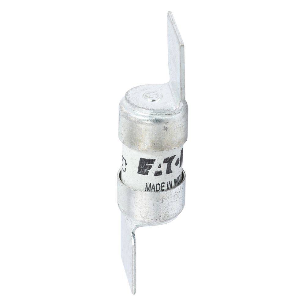 Eine zylindrische Metallsicherung mit flachen Anschlüssen und einem Etikett mit der Aufschrift „Eaton