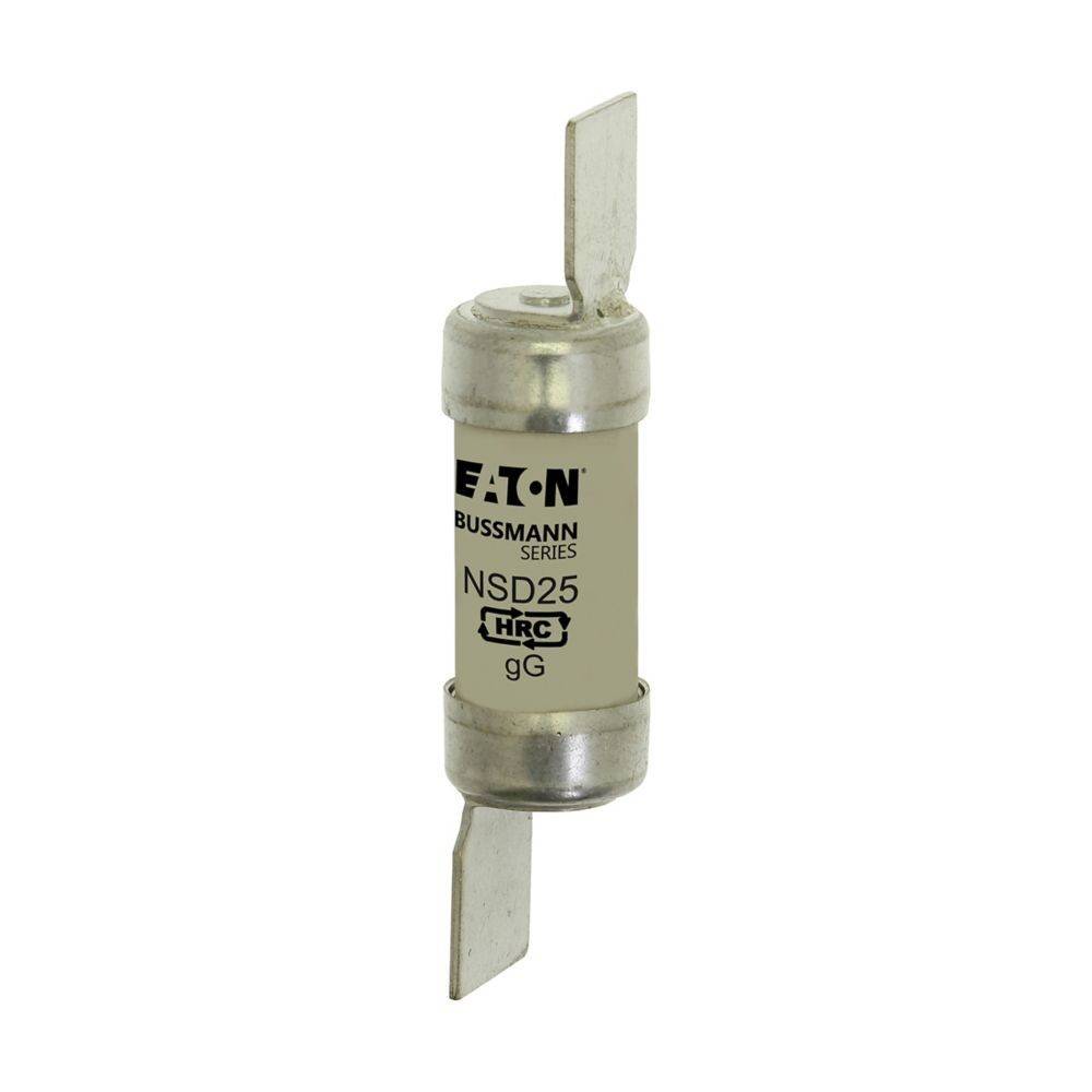 Zylindrische Eaton Bussmann NSD25 HRC-Sicherung mit Metallanschlüssen, verwendet zum Schutz elektrischer Stromkreise.