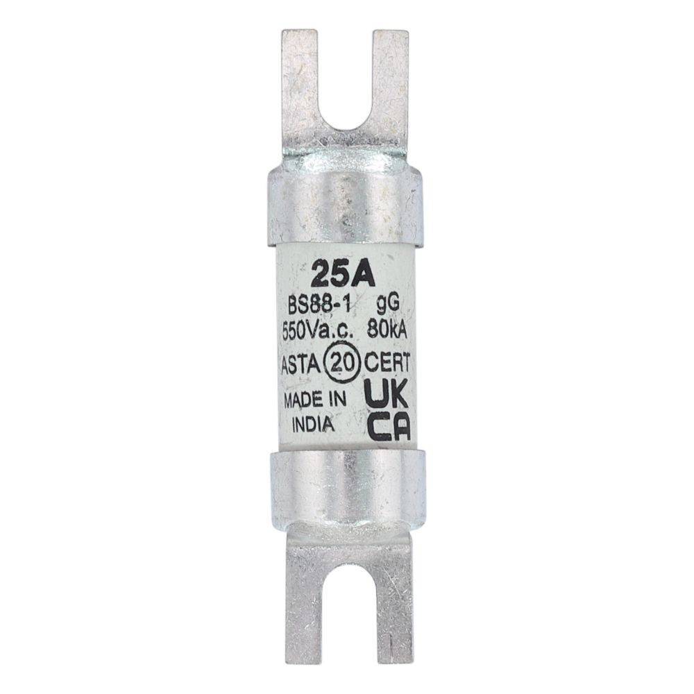 Eine 25A BS88-1 gG Industriesicherung, bewertet mit 550V, 80kA, hergestellt in Indien, mit sichtbaren Zertifizierungen.