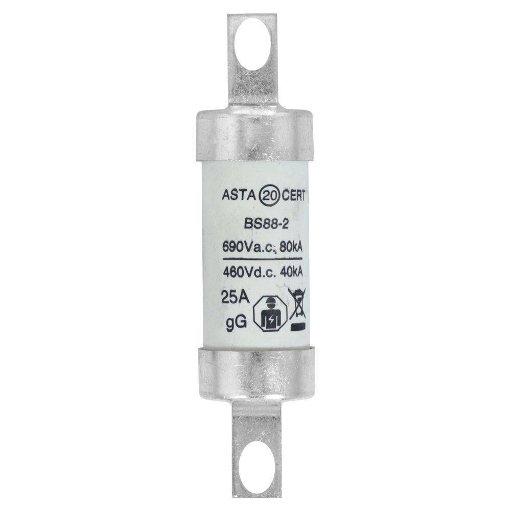BS88-2 Sicherung, ausgelegt für 690V Wechselstrom 80kA, 460V Gleichstrom 40kA, 25A gG. Von ASTA zertifiziert. Zylindrisch mit metallischen Enden für elektrische Sicherheit.