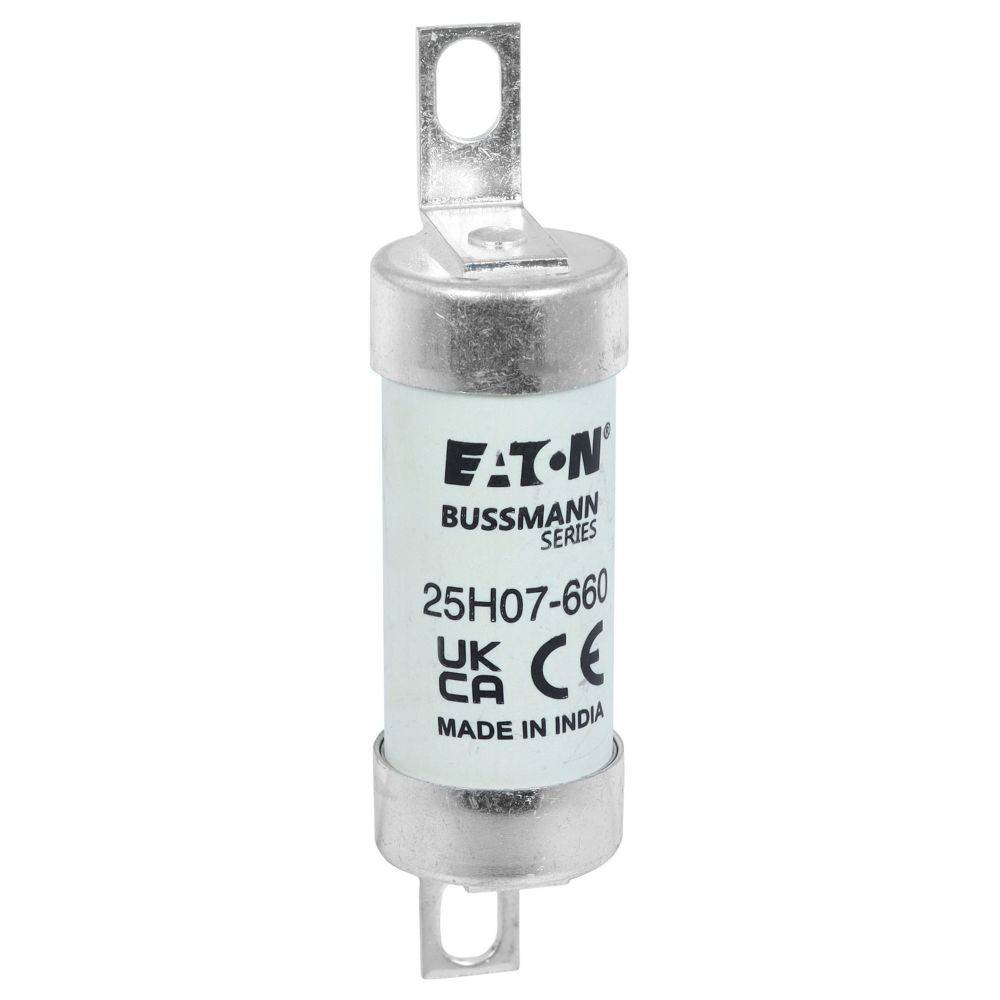 Eaton Bussmann Sicherung, Modell 25H07-660, mit UKCA- und CE-Kennzeichnung, in Indien hergestellt, mit zylindrischem Metallgehäuse und Befestigungsenden.
