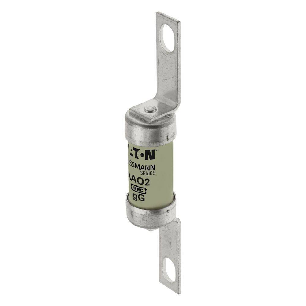 „Eine kleine zylindrische elektrische Sicherung mit Metallkontakten an beiden Enden, gekennzeichnet als Eaton Bussmann Series AAO2, gG, 125A, 690V.