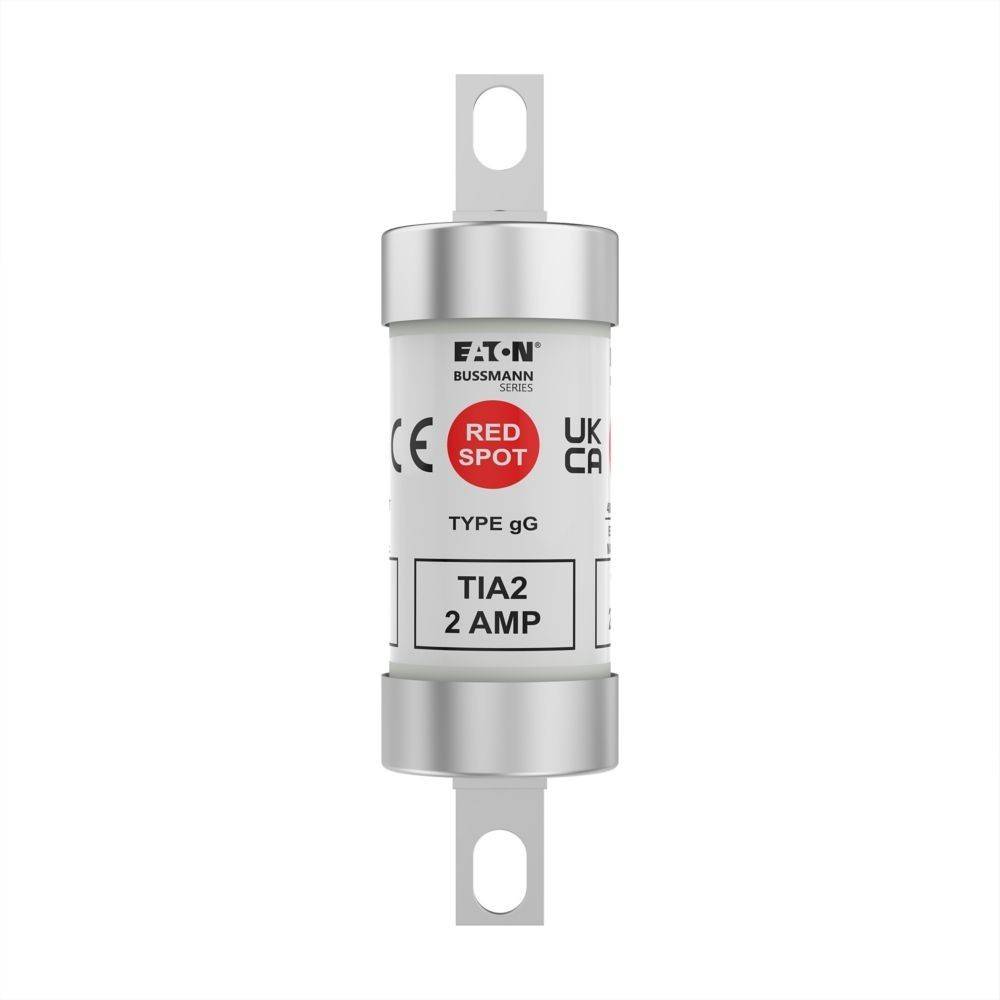 Eaton Bussmann Sicherung, 2 AMP, TIA2 Typ, mit rotem Indikatorpunkt, silberfarbener Gehäuse und UKCA-Kennzeichnung, verwendet für Stromkreisschutz.